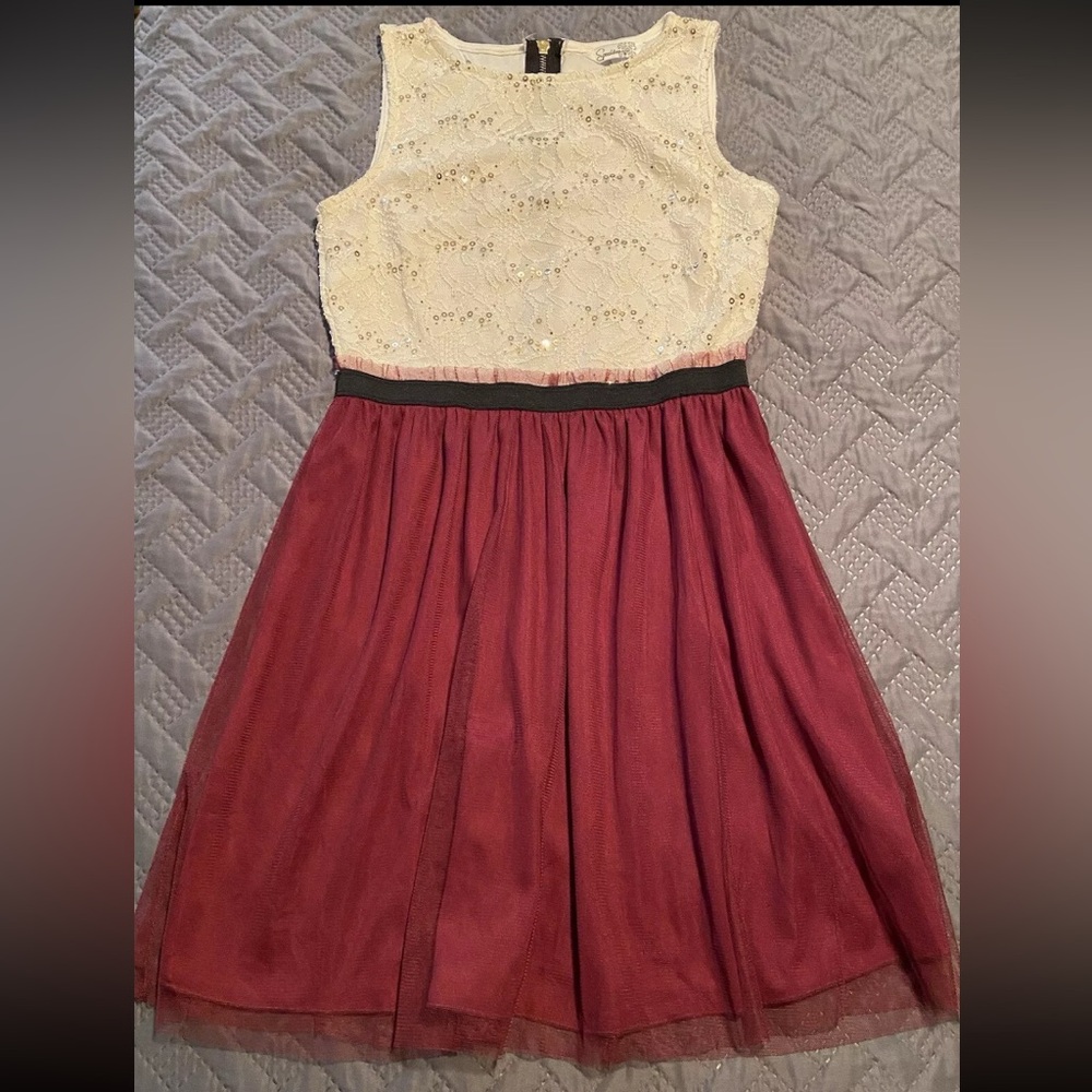 Speechless Cream and Burgundy (Red) Dress with Sleeveless Design Sheer